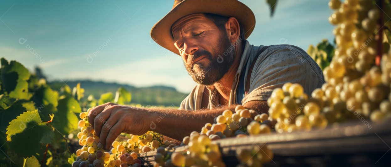 Mãos de pessoas colhendo uvas.