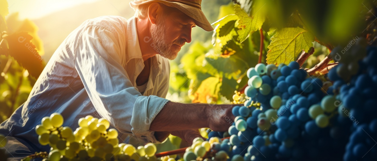 Mãos de pessoas colhendo uvas.