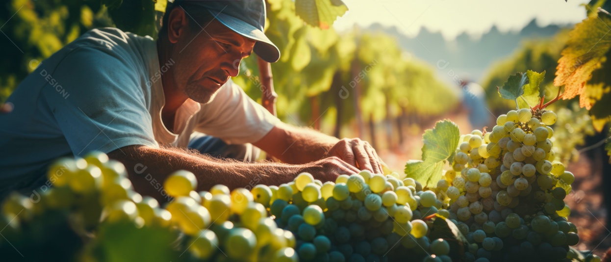 Mãos de pessoas colhendo uvas.