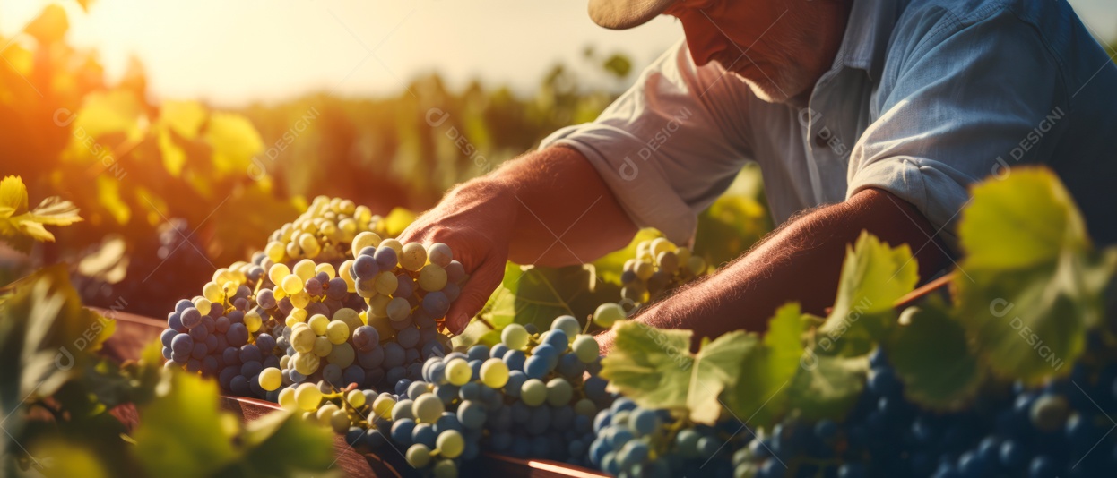 Mãos de pessoas colhendo uvas.