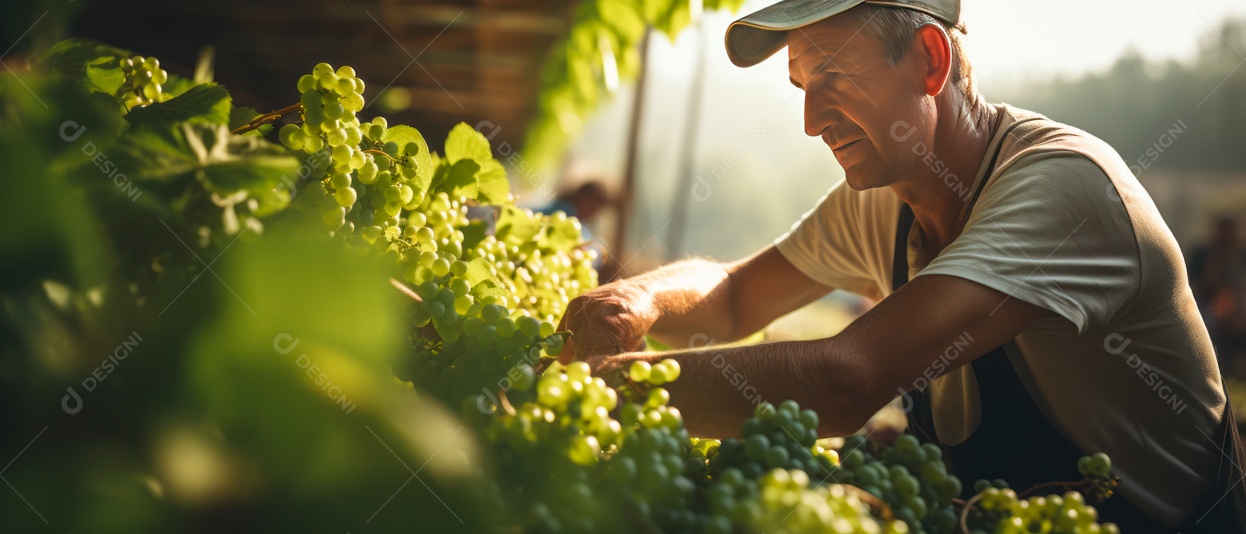 Mãos de pessoas colhendo uvas.