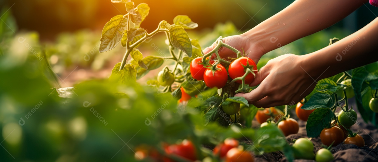 Mãos de pessoas colhendo tomates.