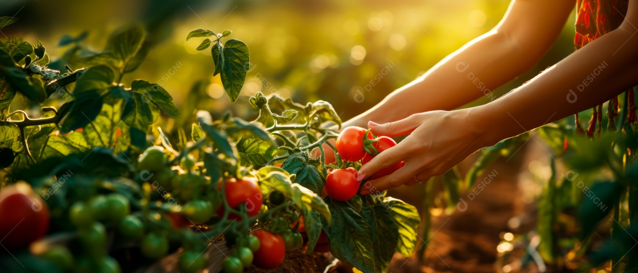 Mãos de pessoas colhendo tomates.