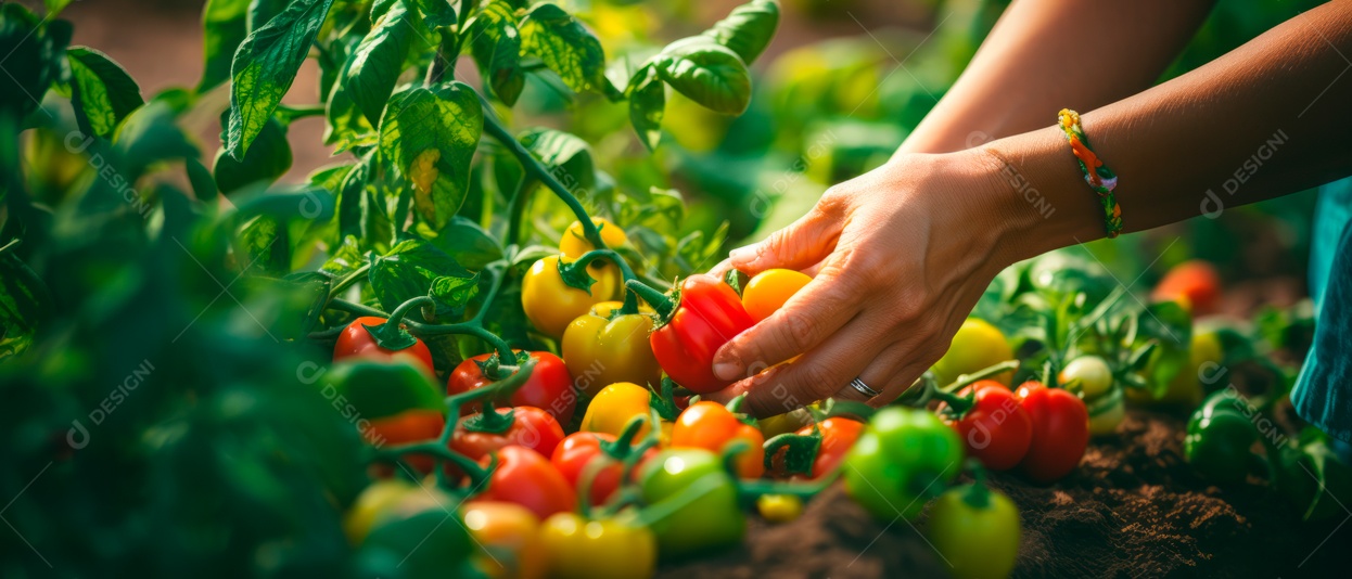 Mãos de pessoas colhendo tomates.