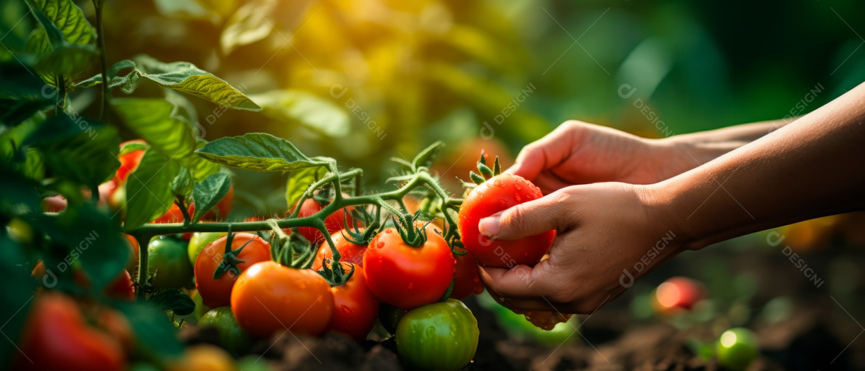 Mãos de pessoas colhendo tomates.