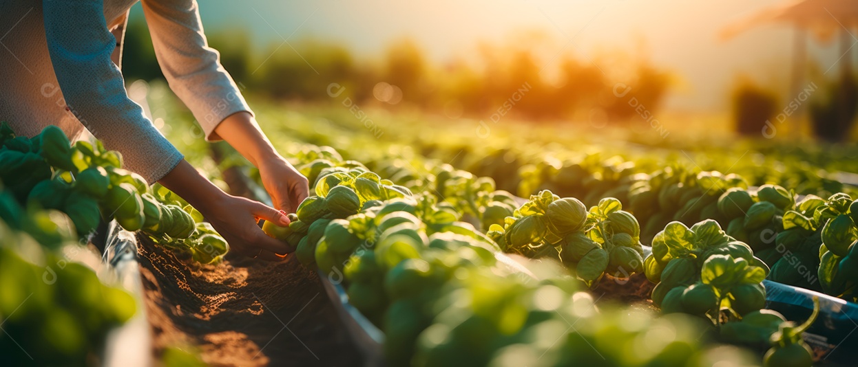 Mãos de pessoas colhendo tomates.