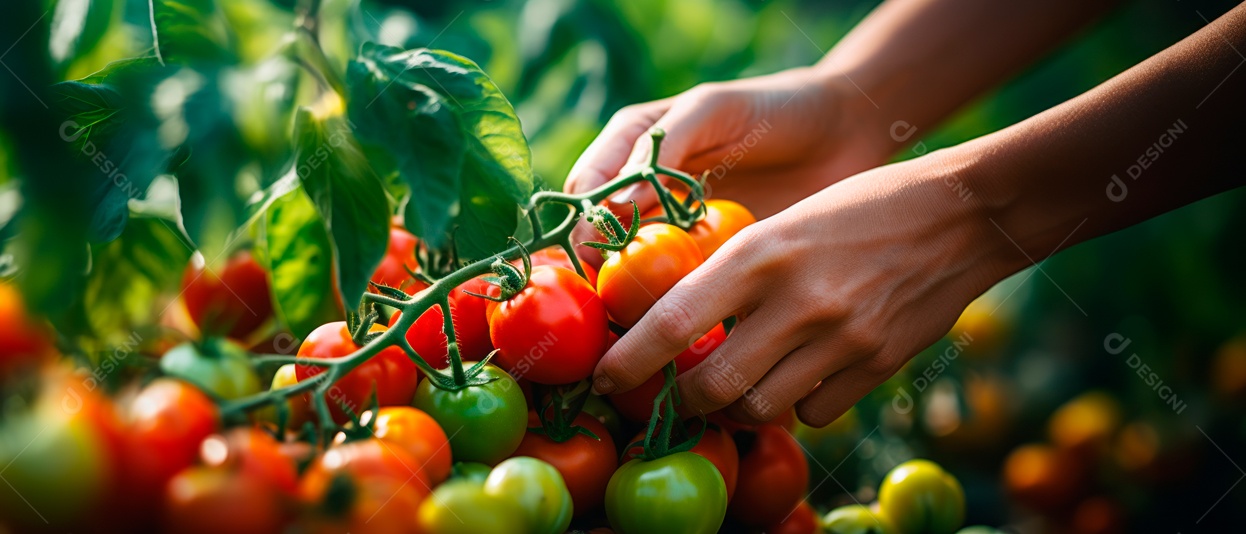 Mãos de pessoas colhendo tomates.