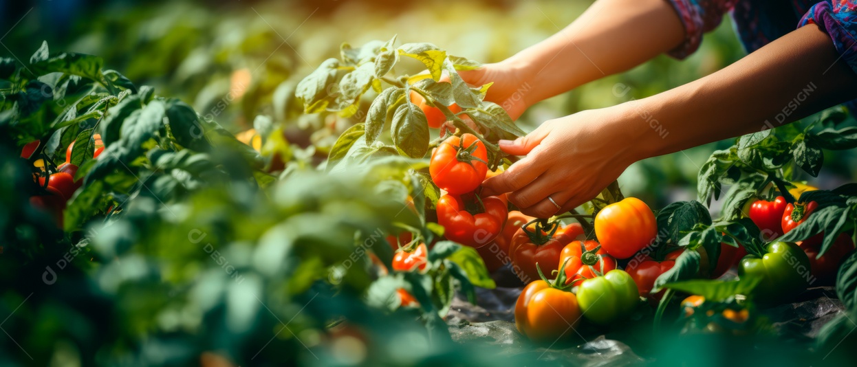 Mãos de pessoas colhendo tomates.