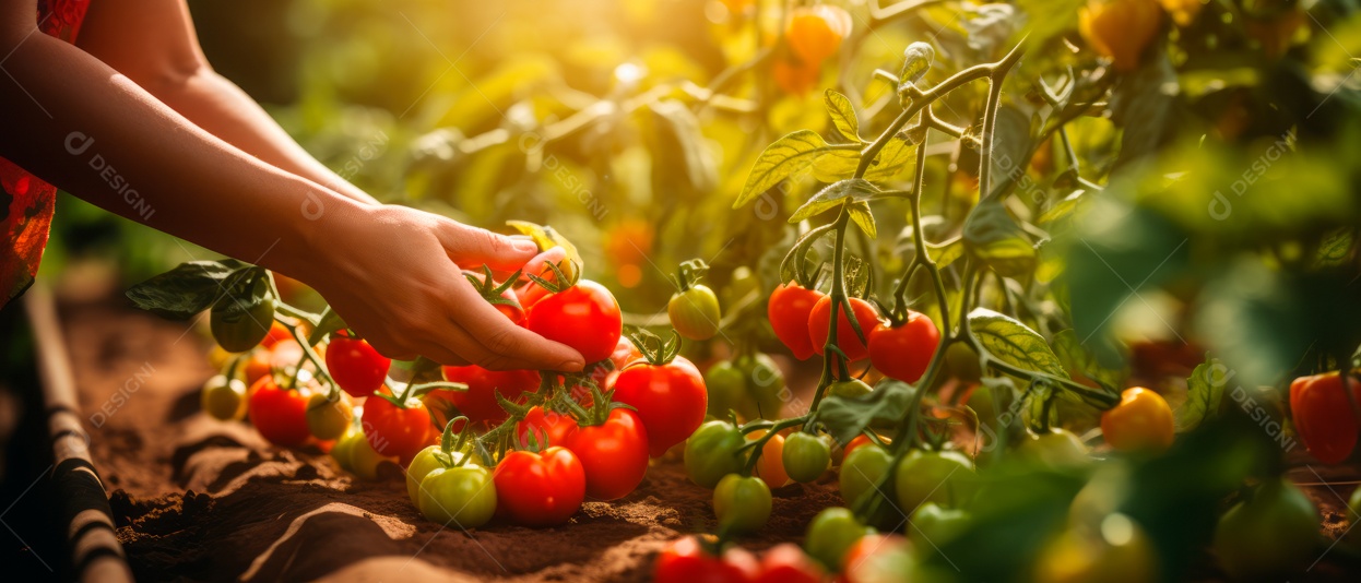 Mãos de pessoas colhendo tomates.