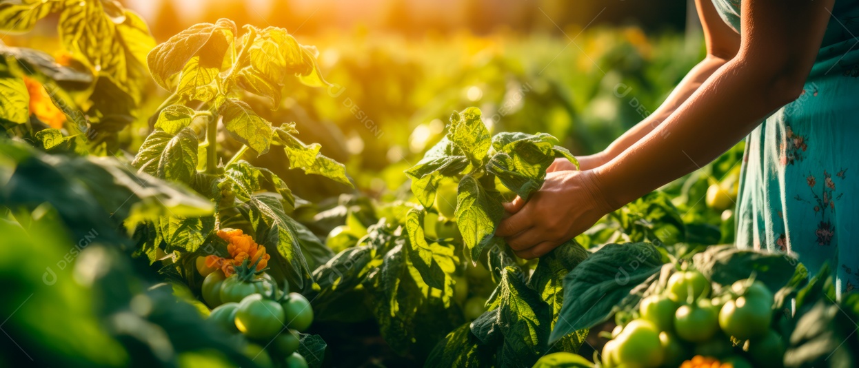 Mãos de pessoas colhendo tomates.
