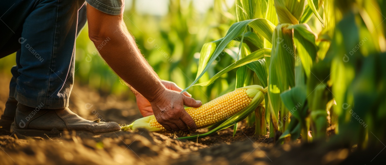 Mãos de pessoas cuidando da colheita de milho.