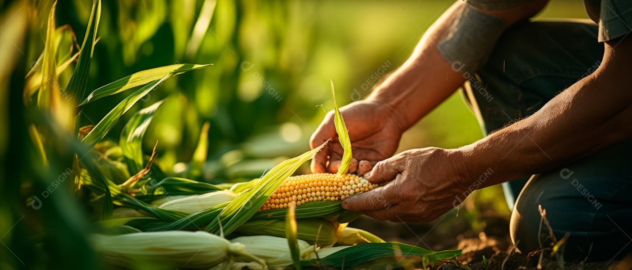 Mãos de pessoas cuidando da colheita de milho.