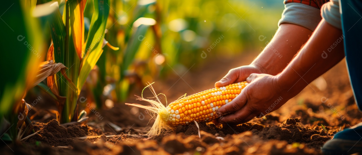 Mãos de pessoas cuidando da colheita de milho.
