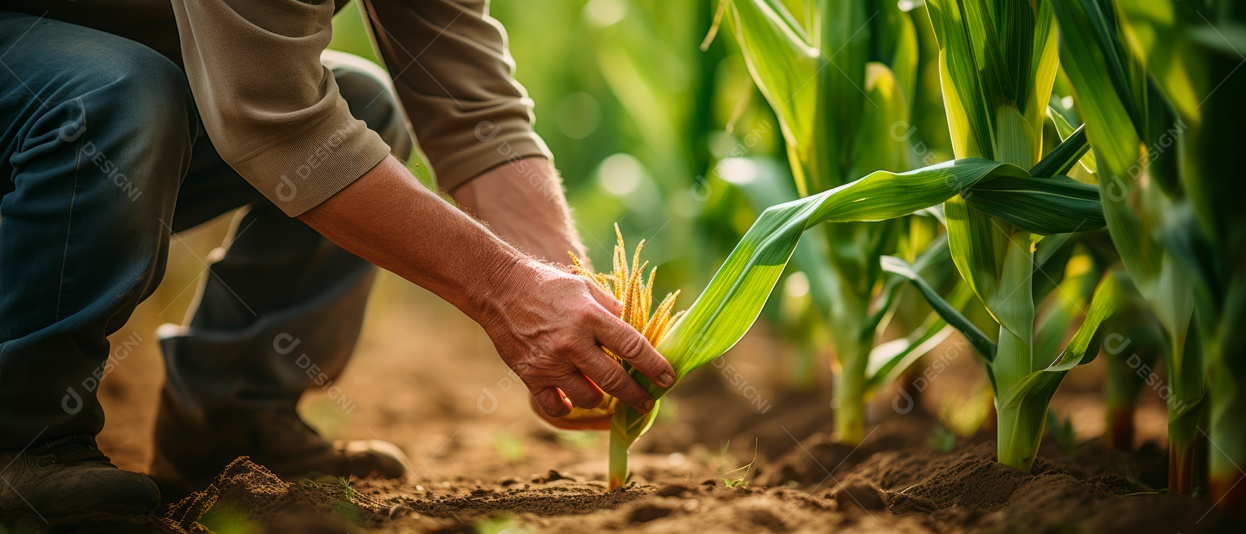 Mãos de pessoas cuidando da colheita de milho.