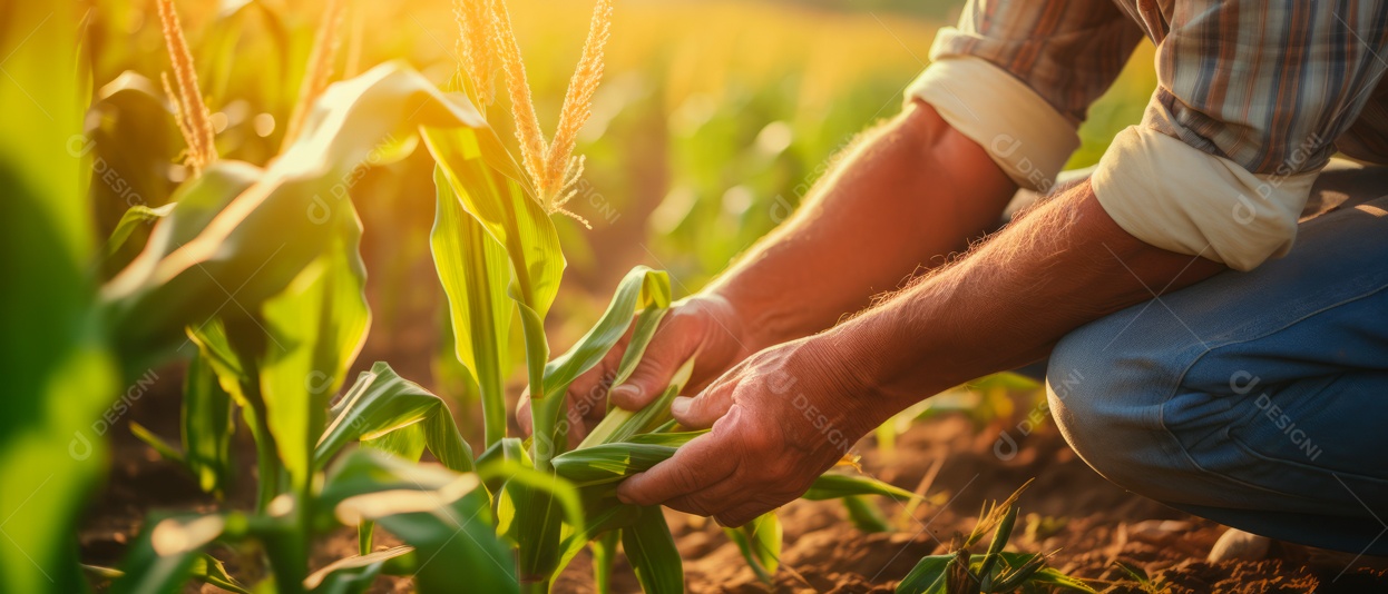 Mãos de pessoas cuidando da colheita de milho.