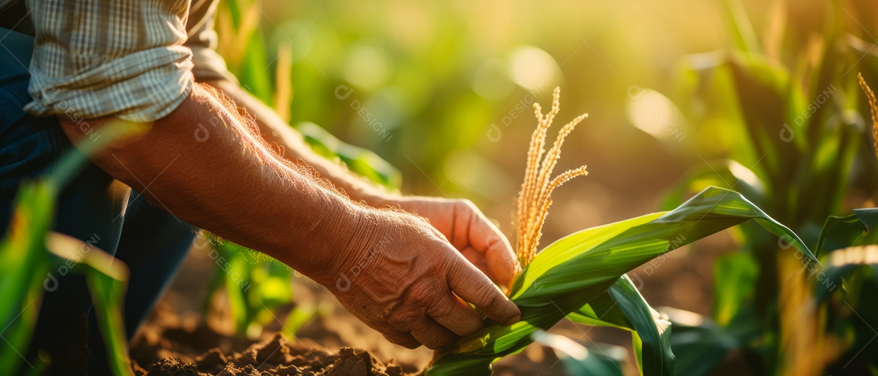 Mãos de pessoas cuidando da colheita de milho.