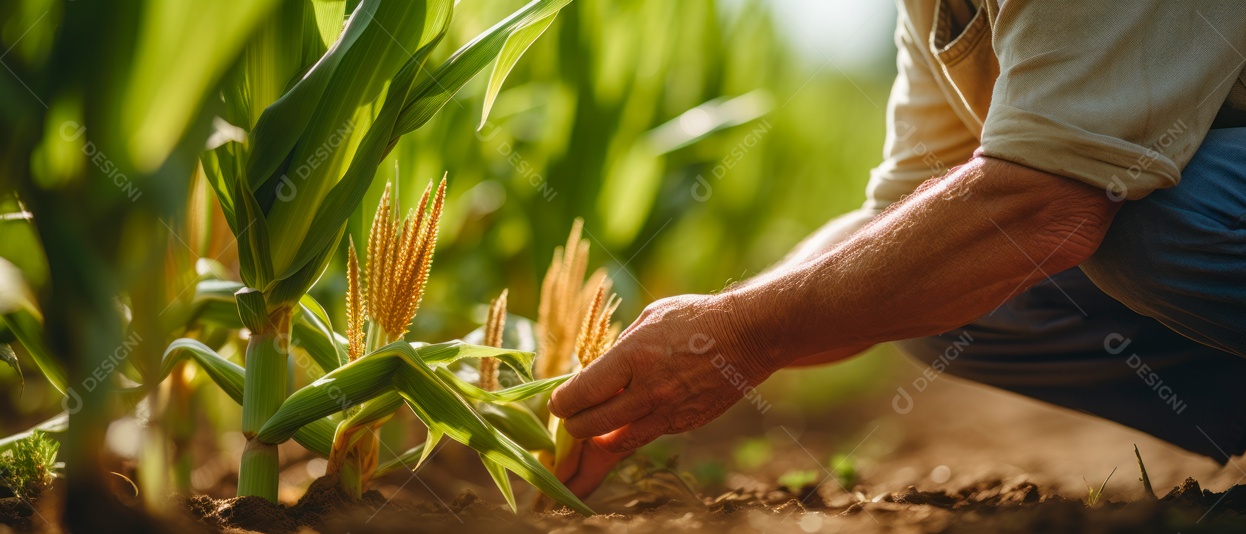 Mãos de pessoas cuidando da colheita de milho.