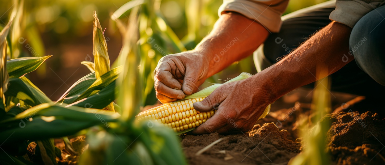Mãos de pessoas cuidando da colheita de milho.