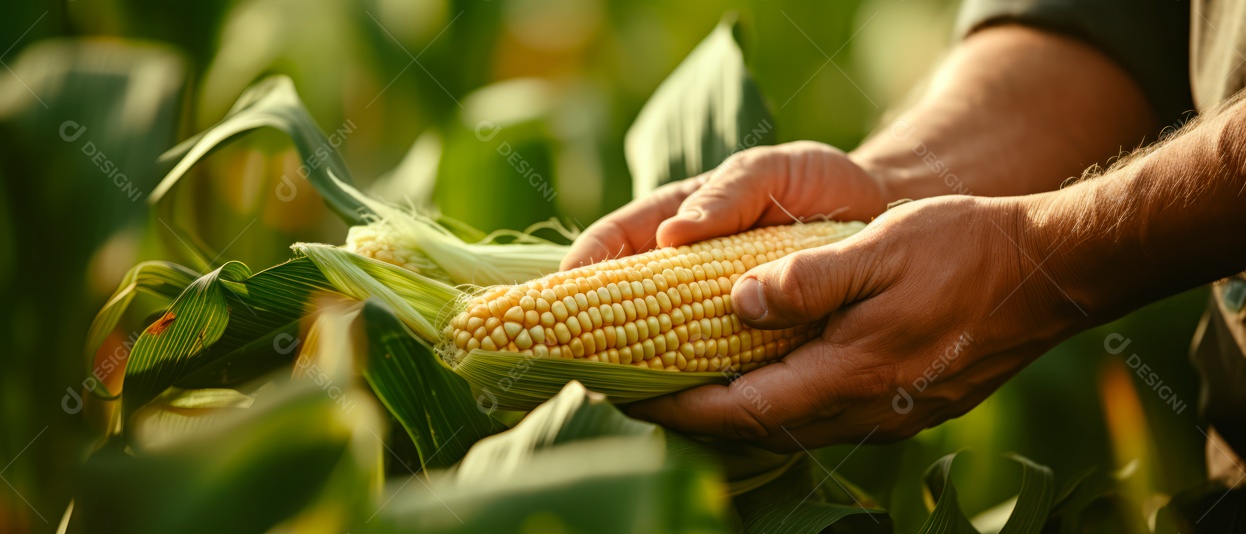 Mãos de pessoas cuidando da colheita de milho.