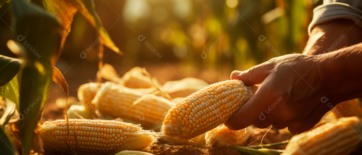 Mãos de pessoas cuidando da colheita de milho.