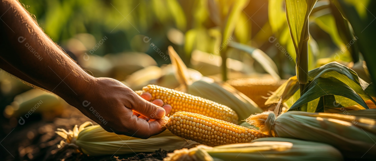 Mãos de pessoas cuidando da colheita de milho.