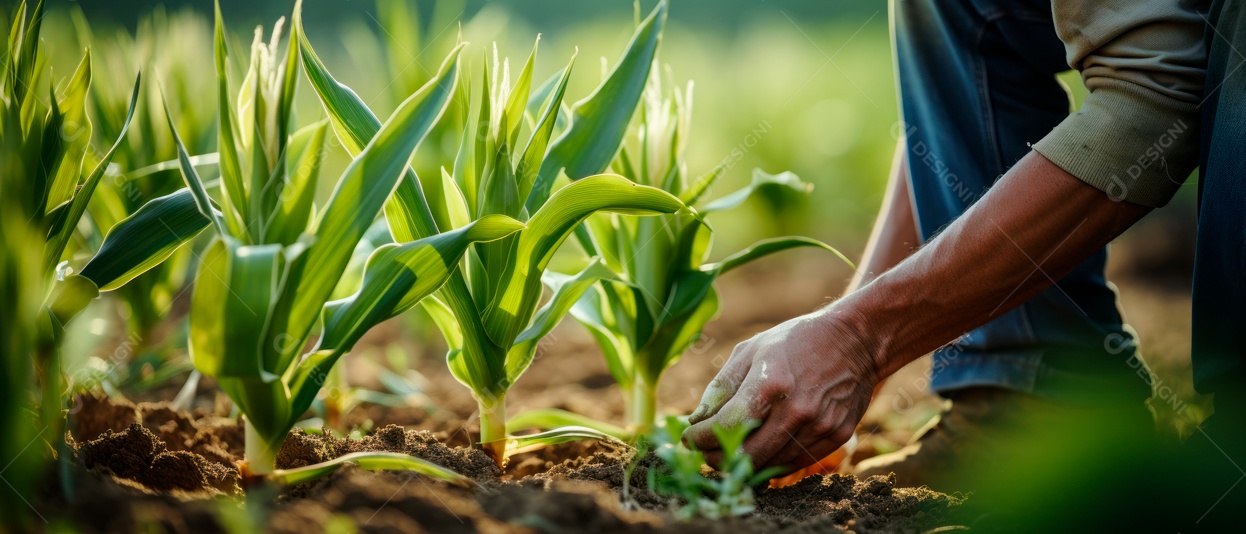Mãos de pessoas cuidando da colheita de milho.