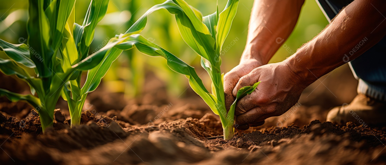 Mãos de pessoas cuidando da colheita de milho.
