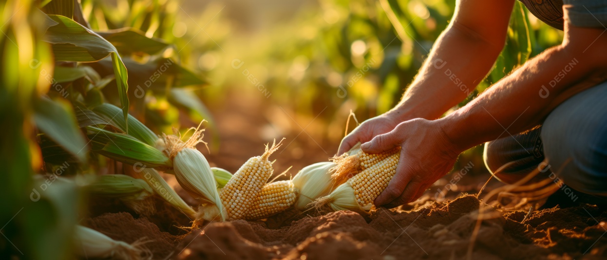 Mãos de pessoas cuidando da colheita de milho.
