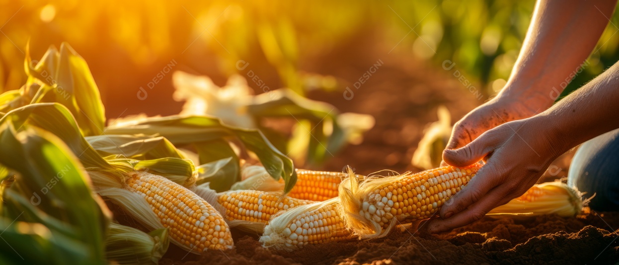 Mãos de pessoas cuidando da colheita de milho.
