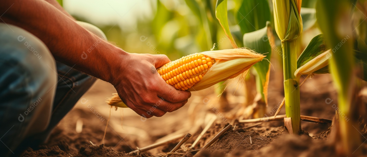 Mãos de pessoas cuidando da colheita de milho.