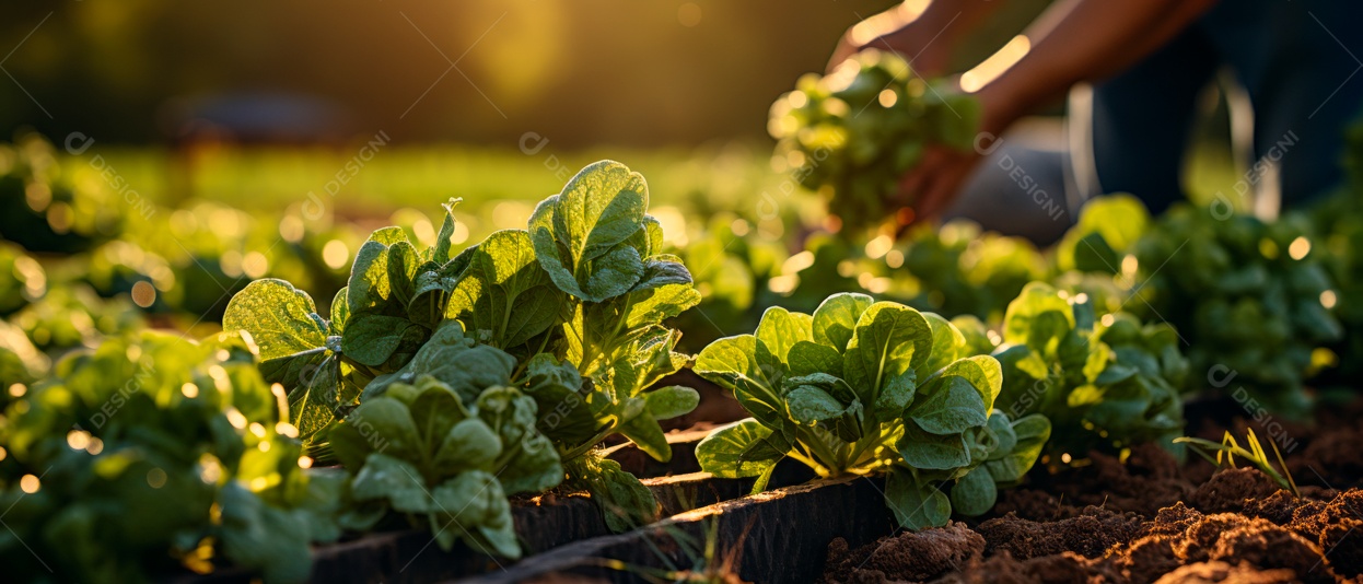 Mãos de pessoas cuidando da colheita de vegetais.