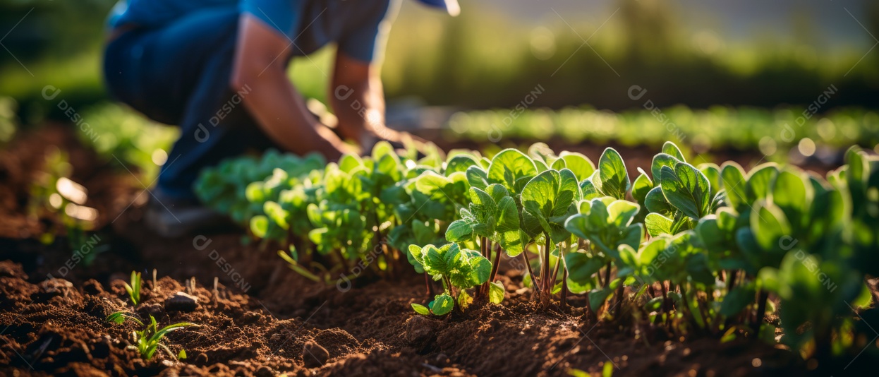 Mãos de pessoas cuidando da colheita de vegetais.