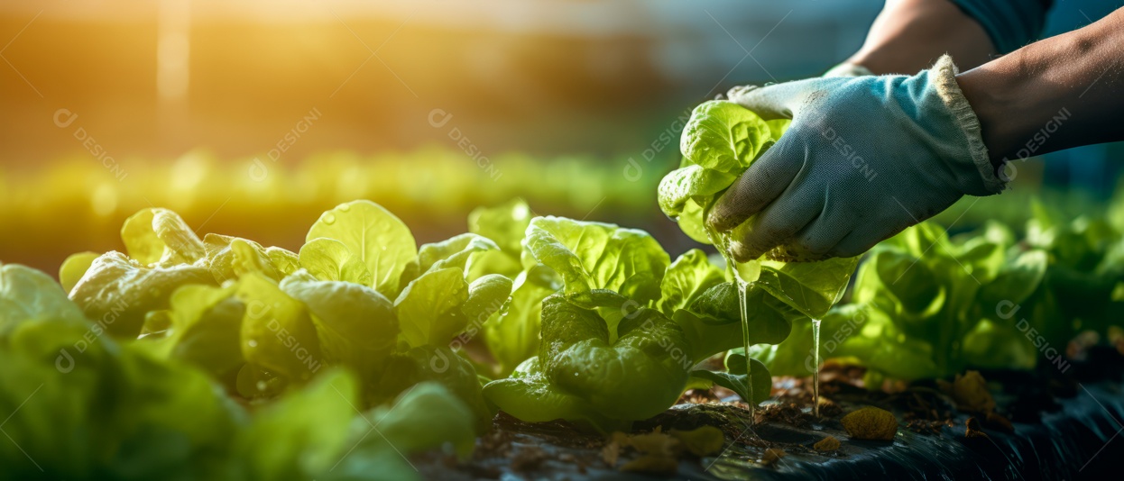 Mãos de pessoas cuidando da colheita de vegetais.