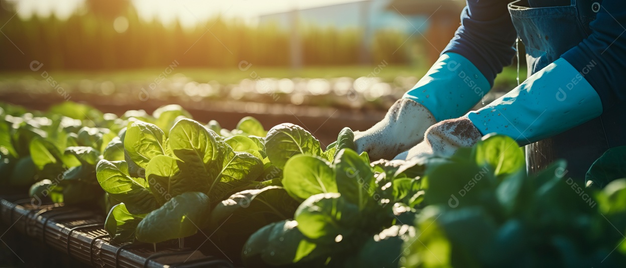 Mãos de pessoas cuidando da colheita de vegetais.