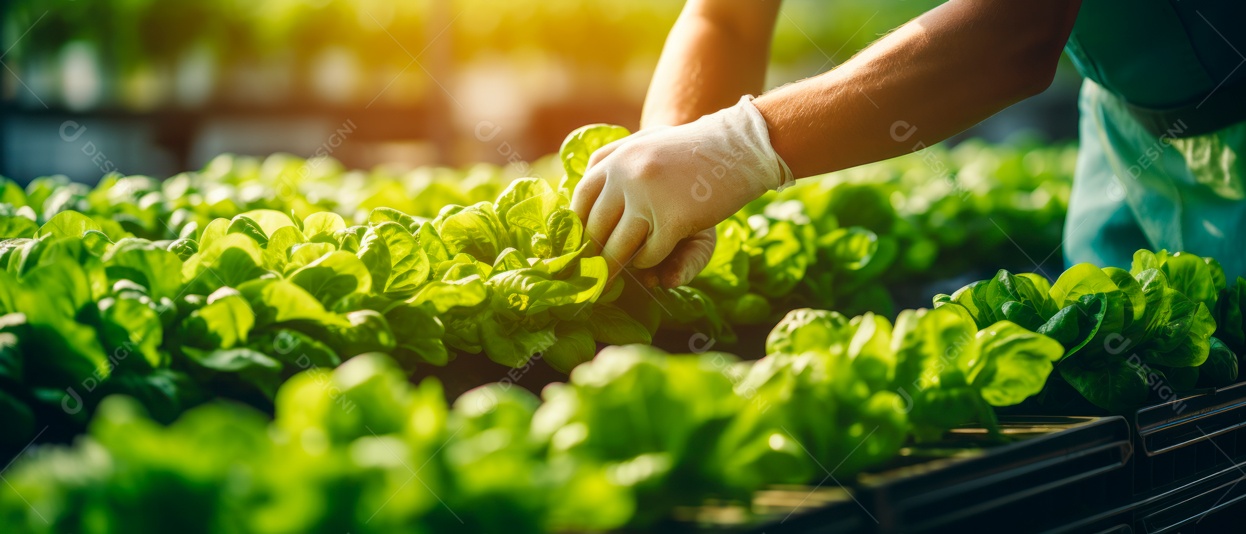 Mãos de pessoas cuidando da colheita de vegetais.
