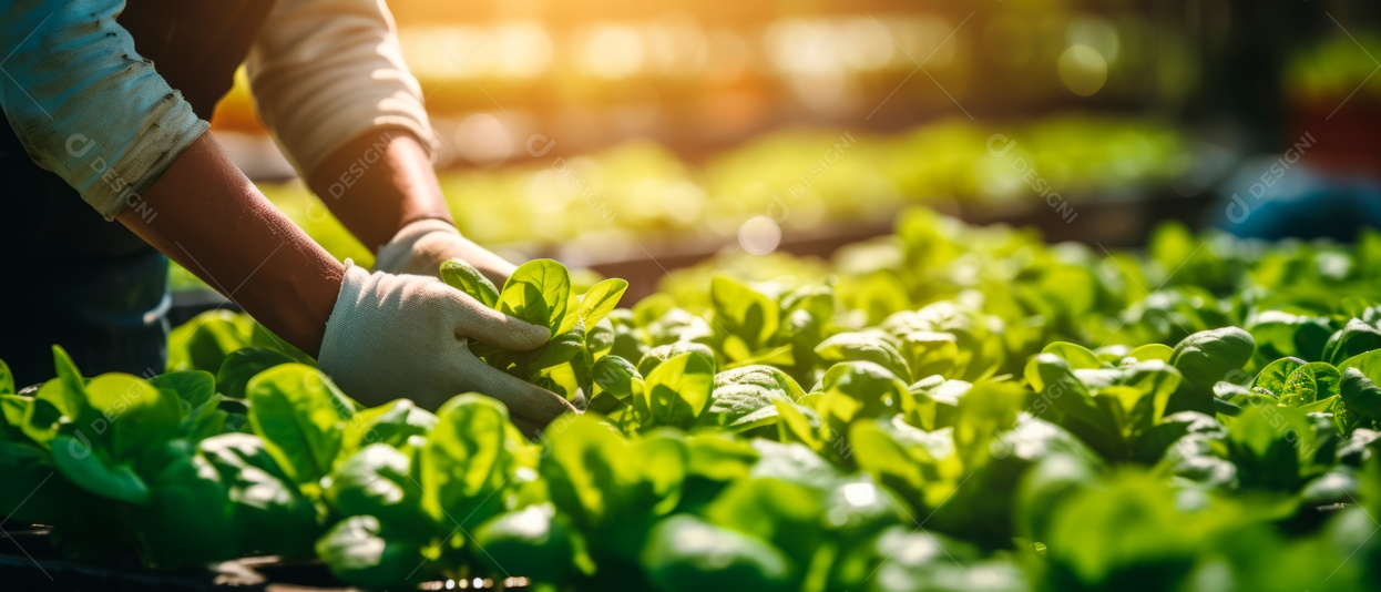 Mãos de pessoas cuidando da colheita de vegetais.