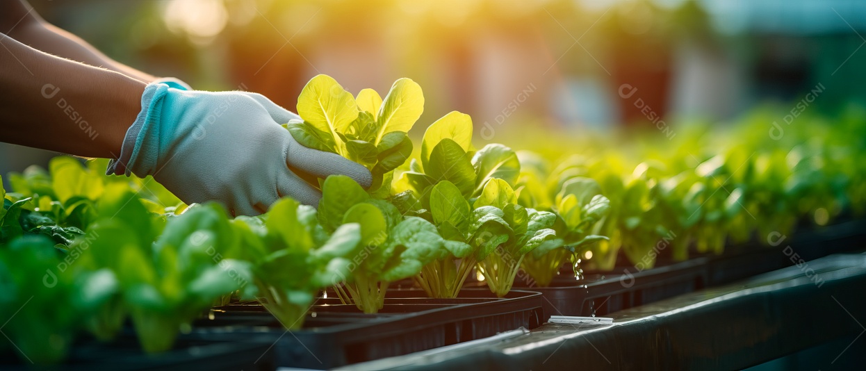 Mãos de pessoas cuidando da colheita de vegetais.