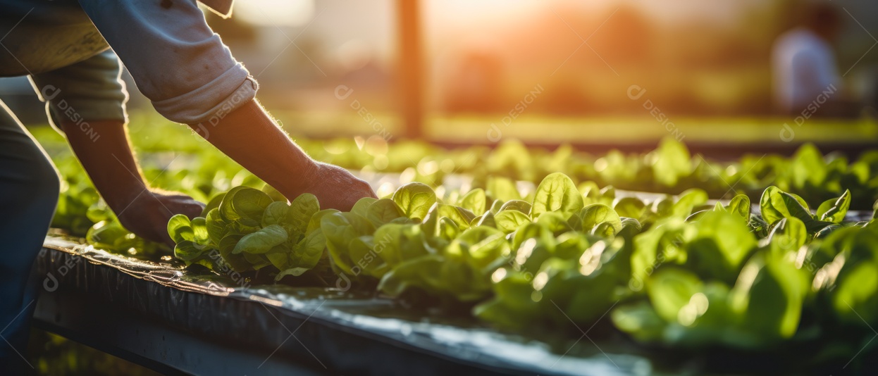 Mãos de pessoas cuidando da colheita de vegetais.