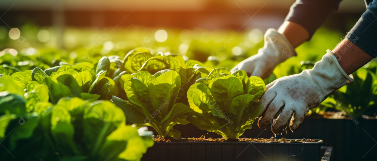 Mãos de pessoas cuidando da colheita de vegetais.