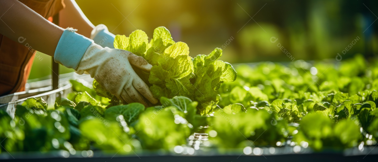 Mãos de pessoas cuidando da colheita de vegetais.