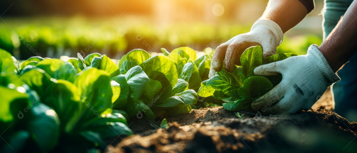 Mãos de pessoas cuidando da colheita de vegetais.