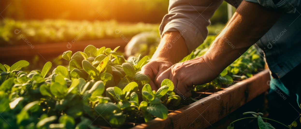 Mãos de pessoas cuidando da colheita de vegetais.