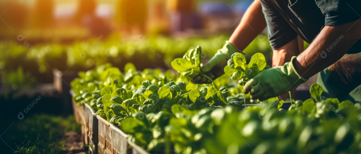 Mãos de pessoas cuidando da colheita de vegetais.