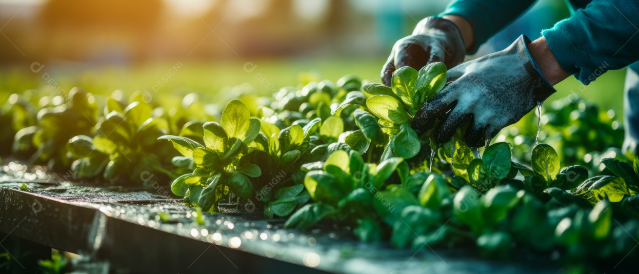 Mãos de pessoas cuidando da colheita de vegetais.