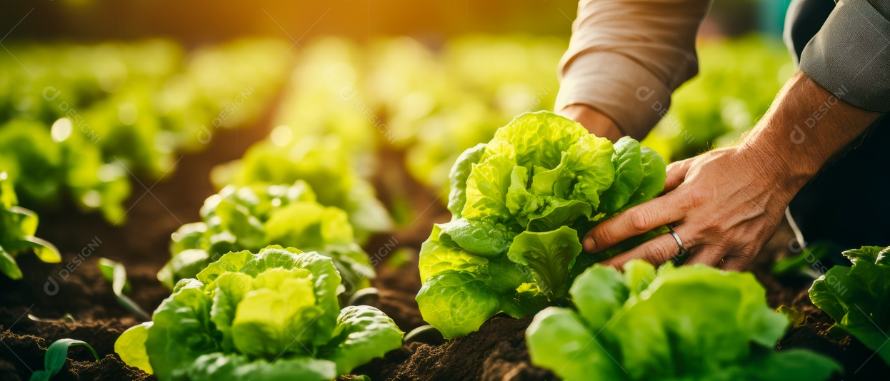 Mãos de pessoas cuidando da colheita de vegetais.