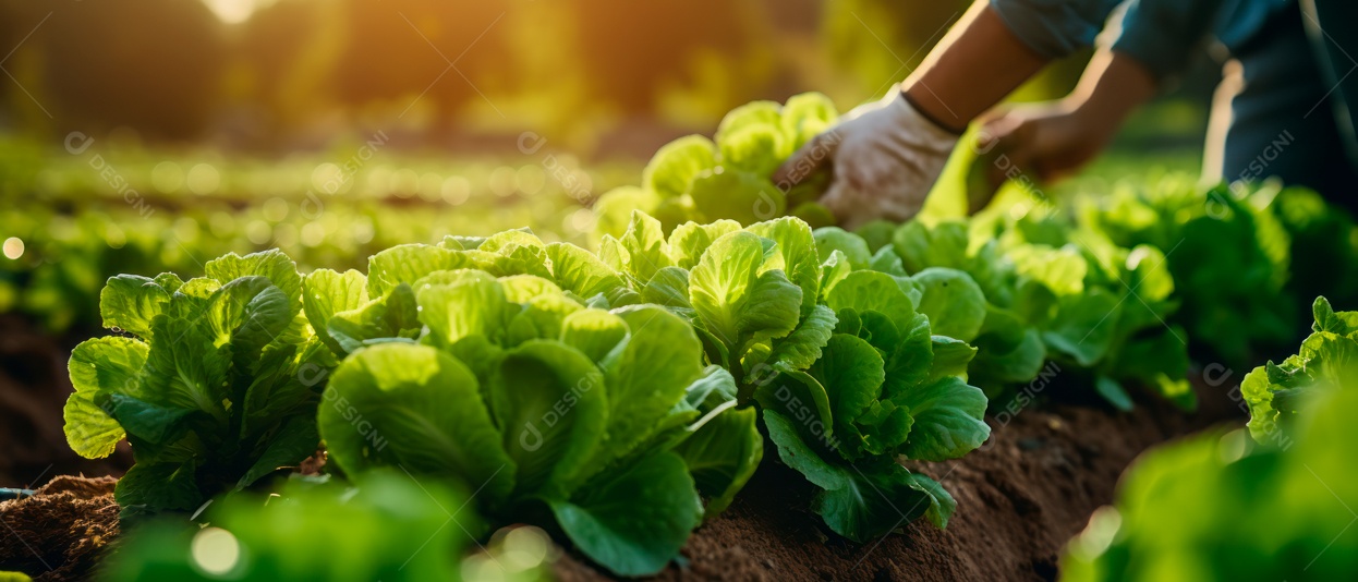 Mãos de pessoas cuidando da colheita de vegetais.