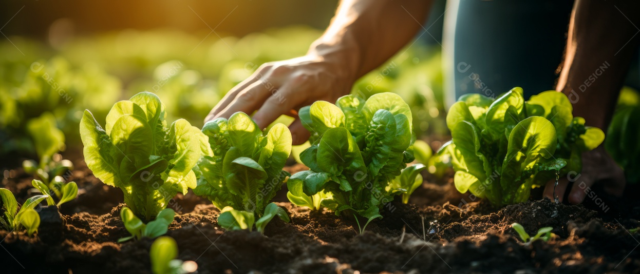 Mãos de pessoas cuidando da colheita de vegetais.