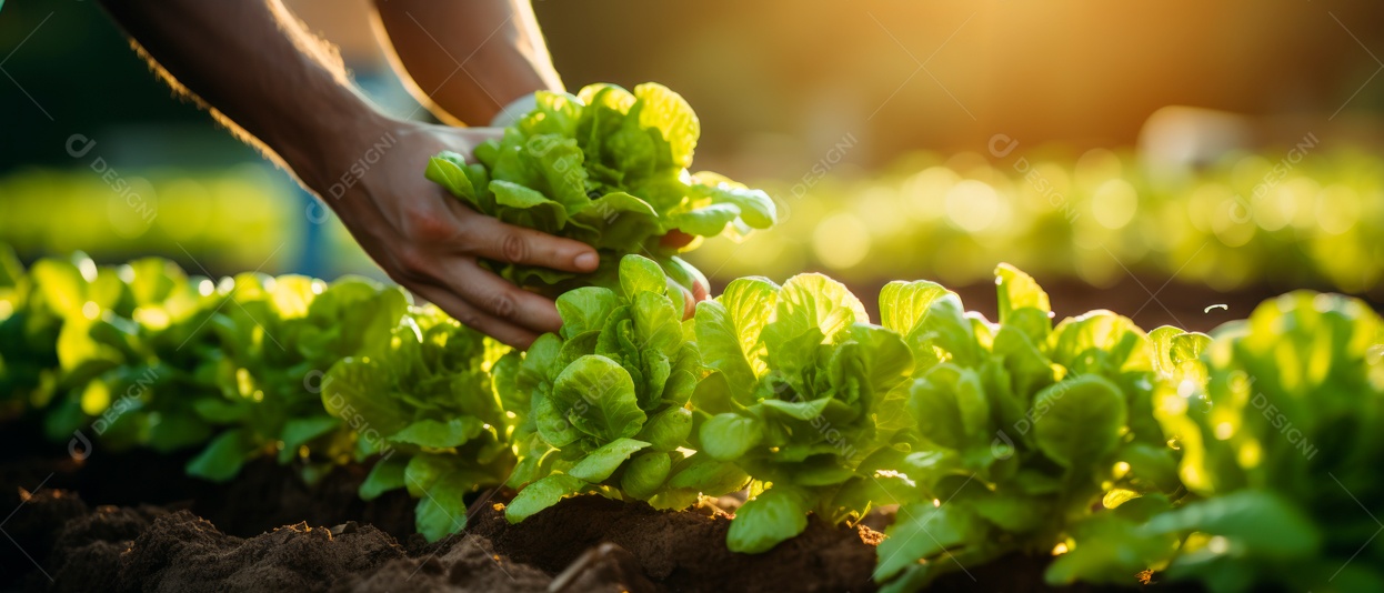 Mãos de pessoas cuidando da colheita de vegetais.