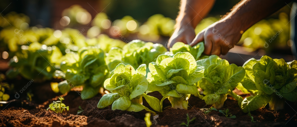 Mãos de pessoas cuidando da colheita de vegetais.