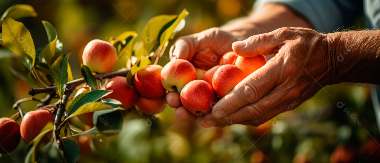 Mãos de pessoas cuidando e colhendo maçãs.